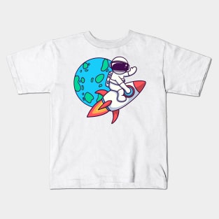 Astronaut Riding Rocket And Waving Hand Kids T-Shirt